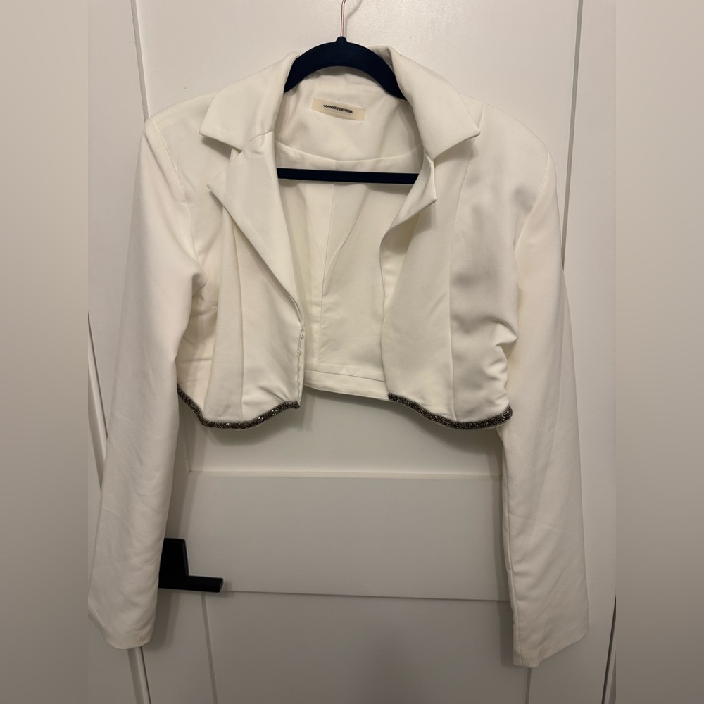 Maniere De Voir White Cropped Blazer with Silver Trim